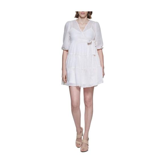 Calvin Klein Women’s Cream and Metallic Gold Faux Wrap Tiered Dress Size 10 - Picture 1 of 6
